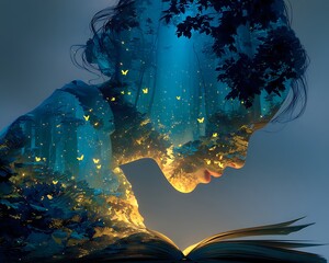 Dreamy escape into nature's embrace with glowing butterflies and a captivating book, perfect for inspiring creativity and sparking imagination in readers