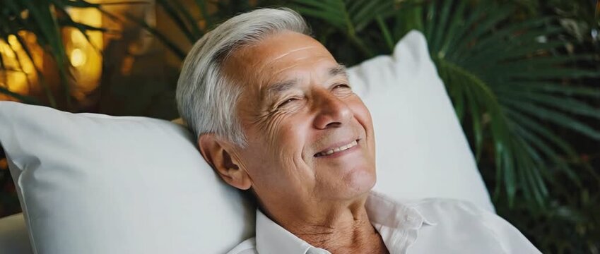 Serene Contemplation: An elderly individual, his silver hair reflecting the sunlight, lounges in a tranquil space, his visage etched with the gentle lines of contentment and serene reflection. 