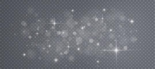 White glowing stars with bokeh light effects on transparent background. Magical sparkle particles, shimmering confetti and bright luminous stardust in festive atmosphere for holiday designs. © klyaksun