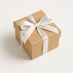 Obraz premium Professional studio photo single square kraft paper gift box with wide white satin ribbon bow placed slightly off center on smooth white surface