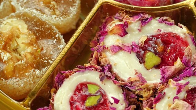 Sweet food Turkish delight, assorted rahat locum with nuts and powdered sugar 
