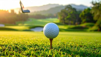 Golf ball on tee with lush green course