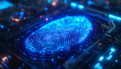 Digital Fingerprint: A luminous, digitized fingerprint glows with intricate detail against a backdrop of a circuit board, symbolizing innovation.