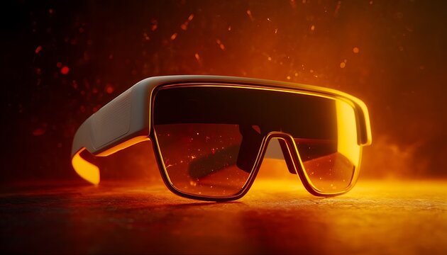 Smart glasses showcased at alien market under glowing orange nebula