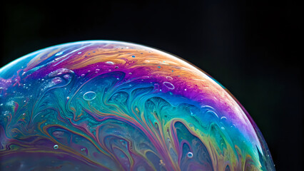 Close-up of a colorful soap bubble showing swirling iridescent patterns, sharp macro, black background, artistic abstract