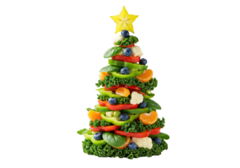 Highly detailed photorealistic shot of a stylized conical christmas tree sculpture constructed from fresh raw vegetables and fruits, isolated on a stark white studio background. Concept of healthy