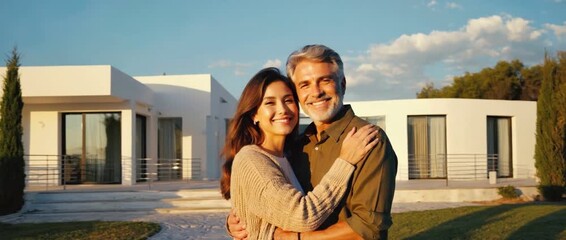 Dream Home Embrace: A radiant couple embraces in front of their modern house, embodying the warmth of homeownership and the joy of shared dreams.
