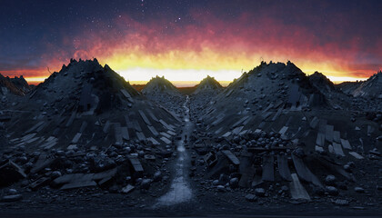 Fiery dawn illuminates a desolate post-apocalyptic landscape of rubble, symbolizing widespread destruction and the resilient path towards a new, uncertain future