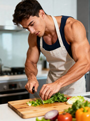 A muscular man skillfully chops fresh vegetables on a wooden cutting board in a contemporary kitchen. He wears an apron and is fully engaged in cooking