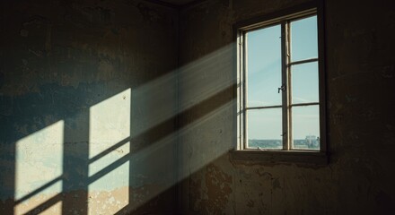 Sunbeams piercing a dilapidated room