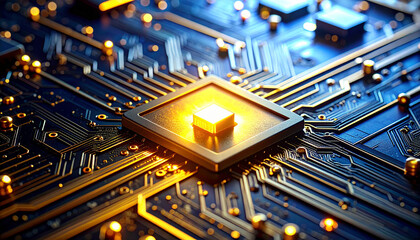 Central Processor Unit Close-up: A highly detailed image showcases the intricate design of a central processing unit, the heart of modern technology. 