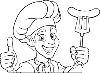 A chef cartoon barbecue cook man giving a thumbs up and holding a hotdog or grilled sausage a BBQ or cooking fork and peeking around sign or menu, mascot character illustration 
