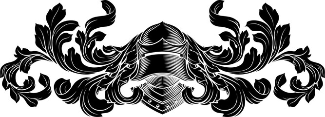 Coat of arms crest knight family medieval shield heraldry heraldic armorial motif. Featuring a knights helm helmet in a vintage etching engraving woodcut style 
