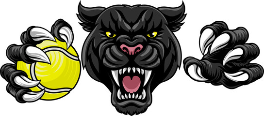 Black panther leopard or jaguar cat tennis sports team mascot holding a ball
