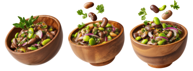 Set of Egypt Ful medames fava bean stew with garlic, oil, lemon and cilantro in wooden bowl, on white background, Arabic food