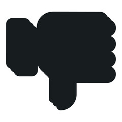 A black thumbs down icon symbolizing disapproval, dislike, rejection, or negative feedback, presented in a bold minimalist flat design style suitable for digital interfaces.