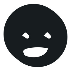 A black laughing face icon with closed eyes and a wide open smile, representing joy, laughter, happiness, and a cheerful emotion in a clean minimalist flat design style.