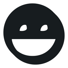 A black smiling face icon with wide eyes and a big open smile, representing joy, excitement, friendliness, and positive emotions in a clean minimalist flat design style.