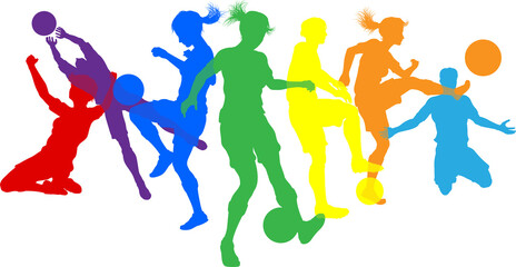 Soccer football player male and female colorful silhouette outlines men and women group
