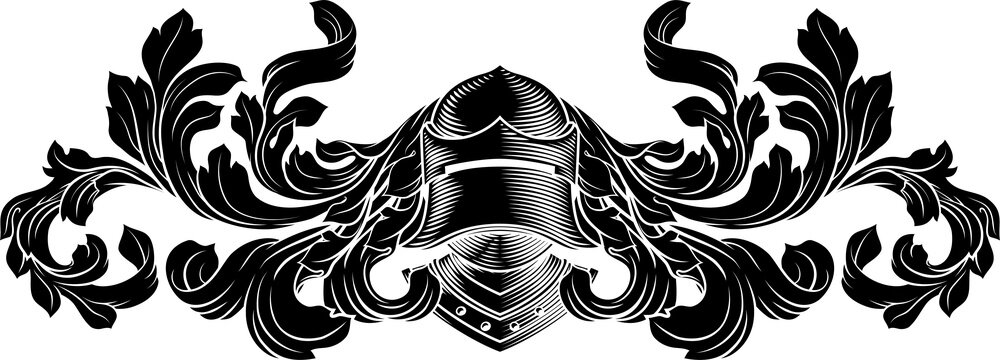 Coat of arms crest knight family medieval shield heraldry heraldic armorial motif. Featuring a knights helm helmet in a vintage etching engraving woodcut style 
