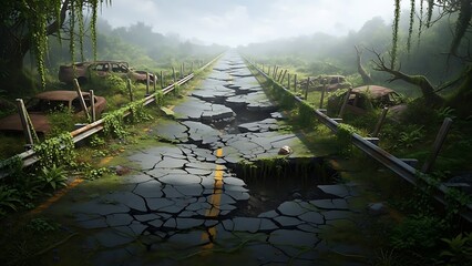 Naklejka premium Nature Reclaims Abandoned Post Apocalyptic Highway 