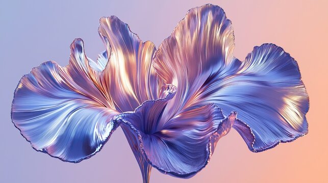 Two iris flower petals crafted from liquid metal on a blue purple gradient background with soft pink accents