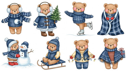 Cute Winter Teddy Bears Clipart Set in Blue Outfits, Ice Skating, Snowman, Hot Cocoa and Christmas Gifts, Watercolor Illustrations