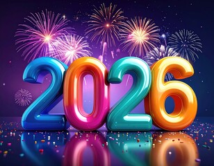 Shiny "2026" floats, fireworks, confetti celebration