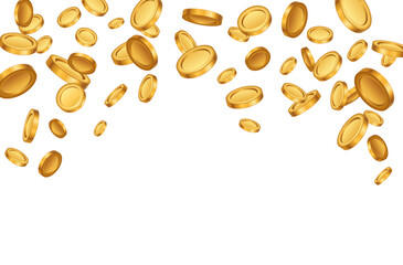 Vector gold coins fall from the sky. PNG money, png coins. Explosion of coins on isolated transparent background. Easy Money. Vector 10 eps.