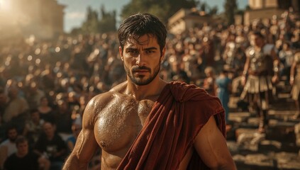 A muscular athlete stands in an ancient arena, wearing a red cloak. He gazes confidently at the crowd, bathed in warm sunlight, as spectators eagerly await the contest