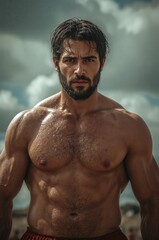 A muscular man stands outdoors, flexing his toned physique. The cloudy sky adds drama to the scene, highlighting fitness and determination