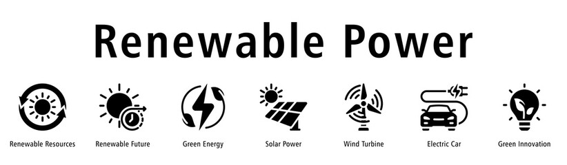 Renewable Power web banner icon vector illustration with icons of Renewable Resources, Renewable Future, Green Energy, Solar Power, Wind Turbine, Electric Car, and Green Innovation.