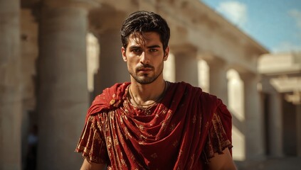 A young man dressed in a red Roman tunic strides confidently through an ancient marketplace. Sunlight illuminates the columns surrounding him. The scene captures a vibrant moment in history