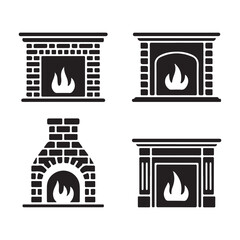 Burning fireplace classic brick warm glowing home winter silhouette vector artwork
