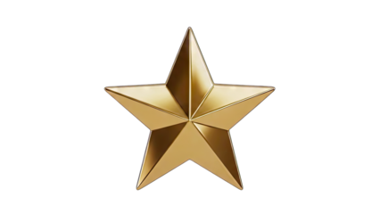 A Single Golden Five Pointed Star Symbol Isolated on a Transparent Background with Subtle Highlights Reflecting Light Across its Metallic Surface