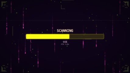 A graphic displaying a scanning progress bar indicating fifty five percent completion. The design features purple and yellow colors, adding a modern touch to the concept of data processing.