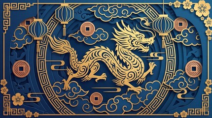 Golden dragon on blue background with lanterns and clouds