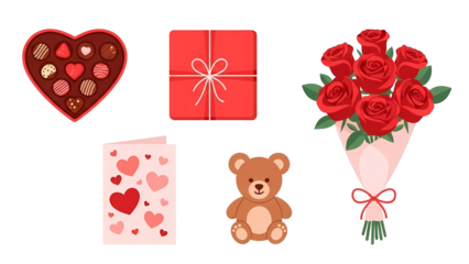 This clean vector illustration displays a romantic collection of valentine's day gifts, featuring a red rose bouquet, heart-shaped chocolates, and a teddy bear, isolated on white.