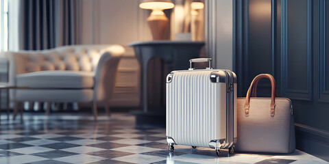 Elegant Travel Suitcase Beside Designer Handbag in Luxury Settin