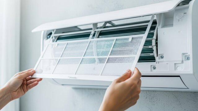 Dirty filter of air conditioner in female hands