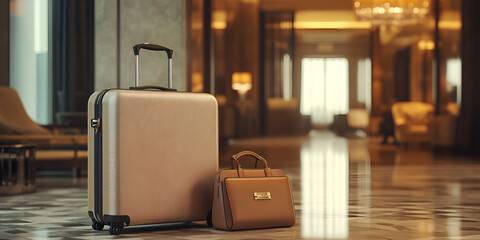 Elegant Travel Suitcase Beside Designer Handbag in Luxury Settin