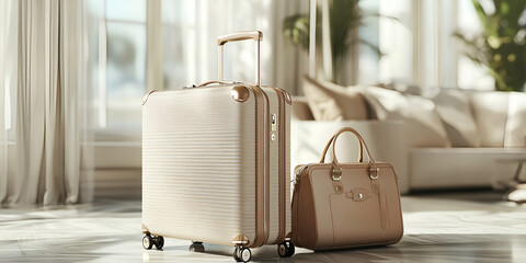 Elegant Travel Suitcase Beside Designer Handbag in Luxury Settin