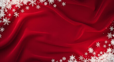Christmas red silk fabric background with white snowflakes border elegant winter holiday template