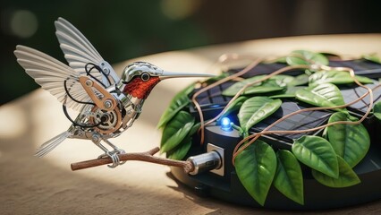 Naklejka premium Futuristic robotic hummingbird charging from a solar panel flower station