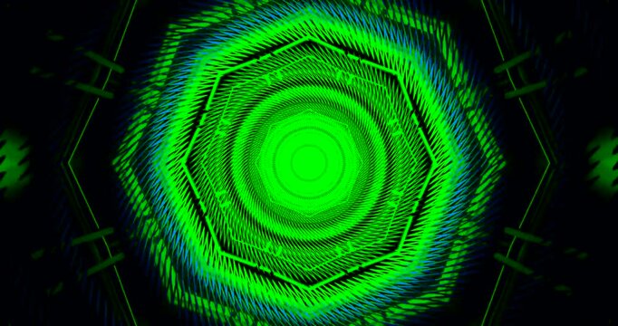A tunnel with continuous motion and vibrant colors in a seamless loop. The design includes geometric patterns that draw the viewer into the center.