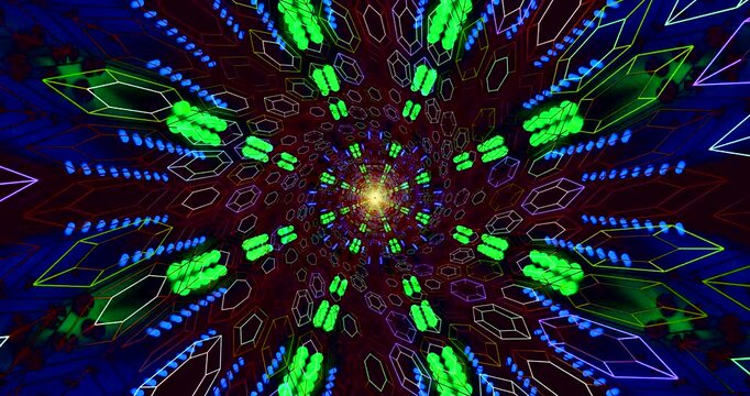 This visually engaging motion background features a tunnel filled with bright colors and shapes that continuously move and change.