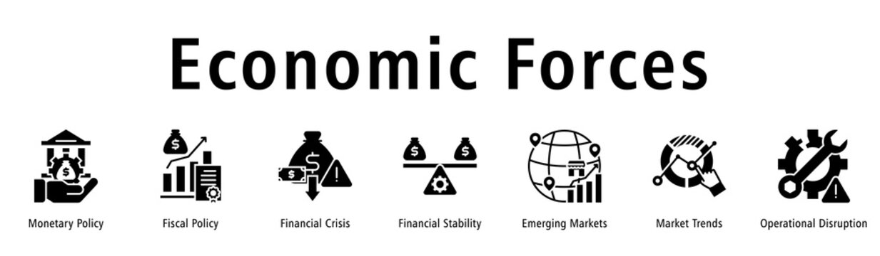 Economic Forces banner illustrating monetary moves, fiscal actions, crisis elements, stability, markets, trends and disruptions shaping the economy.