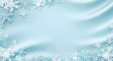 Abstract light blue winter background with elegant waving fabric texture and snowflake decorations