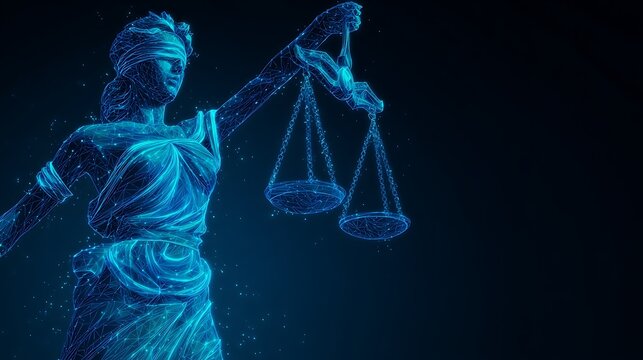 Digital Hologram of Lady Justice Symbolizing Law and Equality.