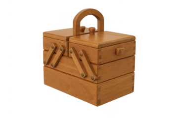Wooden sewing box with cantilever storage system and transparent background